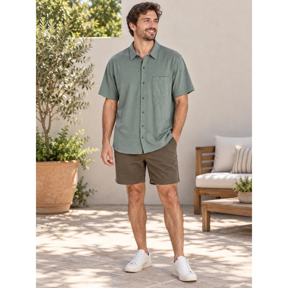 J.Crew Mens Short Sleeve Slub Cotton Jersey Button Down Shirt Green XL BG870